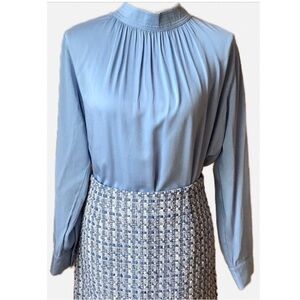 YAYA Bel Air Blue Gathered Mock Neck Blouse NWT Silky Satin Top US 4 6 36